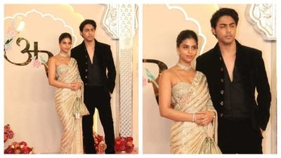 Suhana Khan and Aryan Khan wowed with the contrasting sibling energy through their outfits. Suhana dazzled in a glittering beige saree, studded with shining sequins. A sustainability icon, Suhana re-wore her saree. While, her brother opted for a polar opposite colour, wearing a black suit. (HT Photo/Varinder Chawla ) Suhana Khan and Aryan Khan wowed with the contrasting sibling energy through their outfits. Suhana dazzled in a glittering beige saree, studded with shining sequins. A sustainability icon, Suhana re-wore her saree. While, her brother opted for a polar opposite colour, wearing a black suit. (HT Photo/Varinder Chawla )