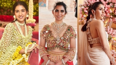 Radhika Merchant's phool dupatta, Isha Ambani's gemstone blouse, Shloka Mehta's crystal bow saree: The best Ambani wedding looks thus far (Instagram) Radhika Merchant's phool dupatta, Isha Ambani's gemstone blouse, Shloka Mehta's crystal bow saree: The best Ambani wedding looks thus far (Instagram)