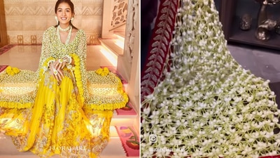 The image (L) shows Radhika Merchant in a beautiful floral dupatta during her haldi ceremony. The photo (R) is taken from the viral video. (File Photo, Instagram/_sakshisundriyal) The image (L) shows Radhika Merchant in a beautiful floral dupatta during her haldi ceremony. The photo (R) is taken from the viral video. (File Photo, Instagram/_sakshisundriyal)