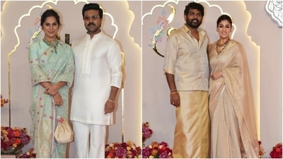 Ram Charan, in a white silk kurta and pants, attended Anant Ambani and Radhika Merchant's wedding with his wife, Upasana Konidela, who wore a mint green embroidered saree. Meanwhile, Nayanthara wore a cream silk brocade saree. (HT Photo) Ram Charan, in a white silk kurta and pants, attended Anant Ambani and Radhika Merchant's wedding with his wife, Upasana Konidela, who wore a mint green embroidered saree. Meanwhile, Nayanthara wore a cream silk brocade saree. (HT Photo)