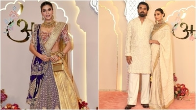 Jacqueline Fernandez chose a heavily-embroidered lehenga set to attend Anant Ambani and Radhika Merchant's wedding. Meanwhile, Athiya Shetty and KL Rahul twinned in gorgeous chikankari white ethnic looks. She wore a saree, while the cricketer chose a kurta and pants set. (HT Photo) Jacqueline Fernandez chose a heavily-embroidered lehenga set to attend Anant Ambani and Radhika Merchant's wedding. Meanwhile, Athiya Shetty and KL Rahul twinned in gorgeous chikankari white ethnic looks. She wore a saree, while the cricketer chose a kurta and pants set. (HT Photo)