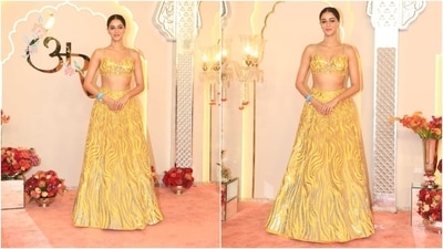 Ananya Panday dazzled at the ceremony in a yellow bralette and lehenga skirt set decked in delicate golden sequin embroidery. (HT Photo/Varinder Chawla) Ananya Panday dazzled at the ceremony in a yellow bralette and lehenga skirt set decked in delicate golden sequin embroidery. (HT Photo/Varinder Chawla)
