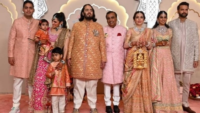 Anant Ambani-Radhika Merchant wedding: Groom-to-be Anant Ambani poses with his family. Anant Ambani-Radhika Merchant wedding: Groom-to-be Anant Ambani poses with his family.