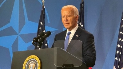 US President Joe Biden addresses the gathering during a press conference on the final day of a NATO summit, in Washington. (PTI) US President Joe Biden addresses the gathering during a press conference on the final day of a NATO summit, in Washington. (PTI)