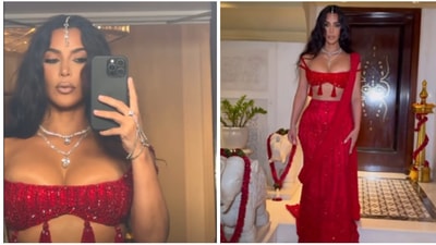 Kim Kardashian looked sizzling in a red saree. Kim Kardashian looked sizzling in a red saree.