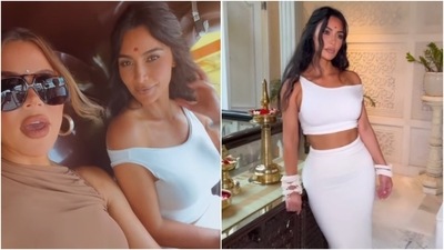 Kim Kardashian wears an off-shoulder top and bodycon skirt for auto ride in Mumbai with Khloe Kardashian. (Instagram ) Kim Kardashian wears an off-shoulder top and bodycon skirt for auto ride in Mumbai with Khloe Kardashian. (Instagram )