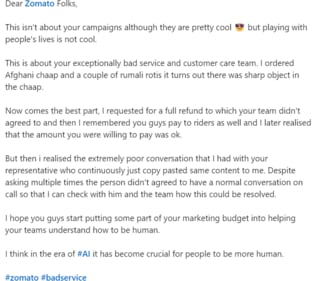 The image shows a post shared by a man about Zomato's service. (LinkedIn/Kumar Aryan) The image shows a post shared by a man about Zomato's service. (LinkedIn/Kumar Aryan)