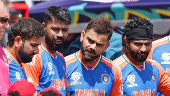 Antigua, Jun 22 (ANI): India's captain Rohit Sharma with teammates Virat Kohli, Hardik Pandya, Ravindra Jadeja(Surjeet Yadav)