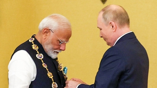 Moscow, July 10 (ANI): Prime Minister Narendra Modi receives the Order of St. Andrew the Apostle the First-Called, Russia's highest civilian award, from Russian President Vladimir Putin at St. Catherine's Hall in Moscow on Tuesday. (ANI Photo)