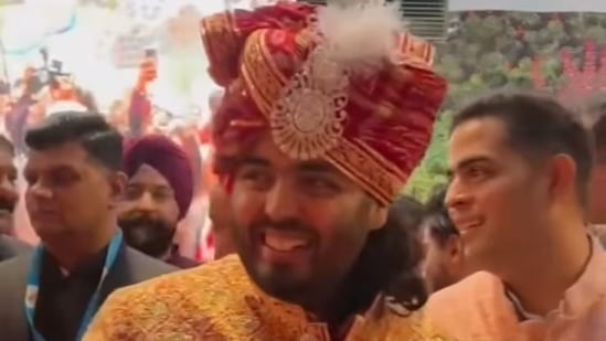 Anant Ambani at his wedding in Mumbai today.