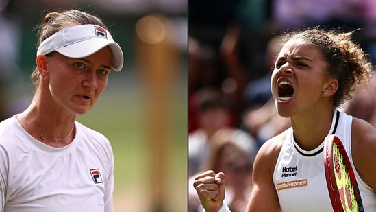 This combination of pictures created on July 11, 2024 shows Italy's Jasmine Paolini in her women's singles semi-final tennis, and Czech Republic's Barbora Krejcikova(AFP)