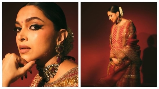 Deepika looks regal in red ensemble and stunning choker necklace.