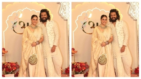 Power couple amps up the glamour in matching ethnic beige attires. Genelia and Ritesh Deshmukh look fabulous, serving major couple goals. Genelia looks classy wearing a nath and traditional choker, caring a golden chain bag. While Ritesh's jacke complements his outfit well. (HT Photo/Varinder Chawla )