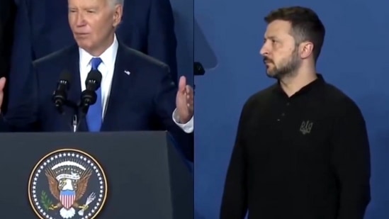 The image shows Joe Biden at the NATO summit, where he mistakenly addressed Zelenskyy as "President Putin". (Screengrab) The image shows Joe Biden at the NATO summit, where he mistakenly addressed Zelenskyy as "President Putin". (Screengrab)