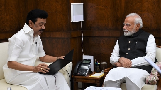 A file photo of Prime Minister Narendra Modi with Tamil Nadu chief minister MK Stalin(Twitter)