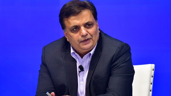 Milind Lakkad, EVP and Chief Human Resources Officer (CHRO) at Tata Consultancy Services (TCS) announces the Q1 financial results 2024-25 during a press conference, in Mumbai.(PTI)