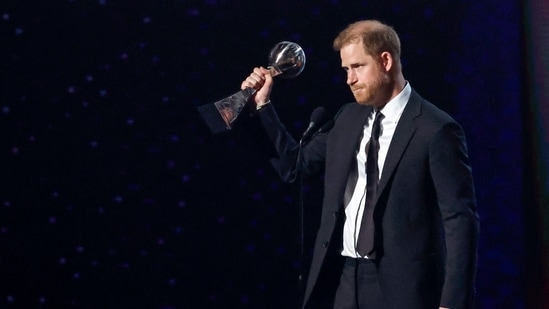 HOLLYWOOD, CALIFORNIA - JULY 11: Prince Harry, Duke of Sussex accepts the Pat Tillman Award onstage during the 2024 ESPY Awards at Dolby Theatre on July 11, 2024 in Hollywood, California. (Getty Images via AFP/Frazer Harrison)