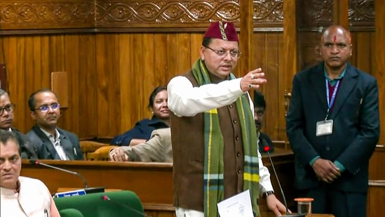 Uttarakhand chief minister Pushkar Singh Dhami speaks during discussions on the Uniform Civil Code Uttarakhand 2024 Bill in the state Assembly on Wednesday. (ANI)