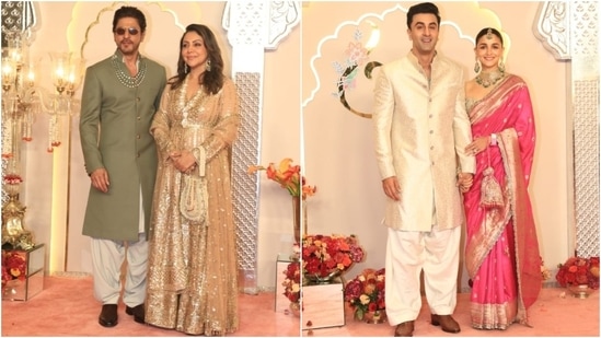 Gauri Khan with Shah Rukh Khan and Alia Bhatt with Ranbir Kapoor were the best-dressed couples at Anant Ambani and Radhika Merchant's wedding. Alia wore a 160-year-old pure silk saree and bustier blouse, while Gauri dazzled in a sequin embellished anarkali and palazzo pants. (HT Photo)