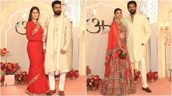 Katrina Kaif and Vicky Kaushal twinned in Sabyasachi looks for Anant Ambani and Radhika Merchant's wedding. While Katrina wore a red saree, Vicky complemented her in a floral sherwani. As for Rana Daggubati and Miheeka Bajaj, the couple looked dazzling. While Miheeka chose a red Anamika Khanna look, Rana wore a elegant cream silk kurta and pants set. (HT Photo)