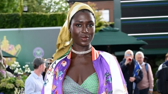 British actor Jodie Turner-Smith is seen flaunting her take on Ralph Lauren classics with fun geometric statement pieces at the Ralph Lauren suite.(The Associated Press)