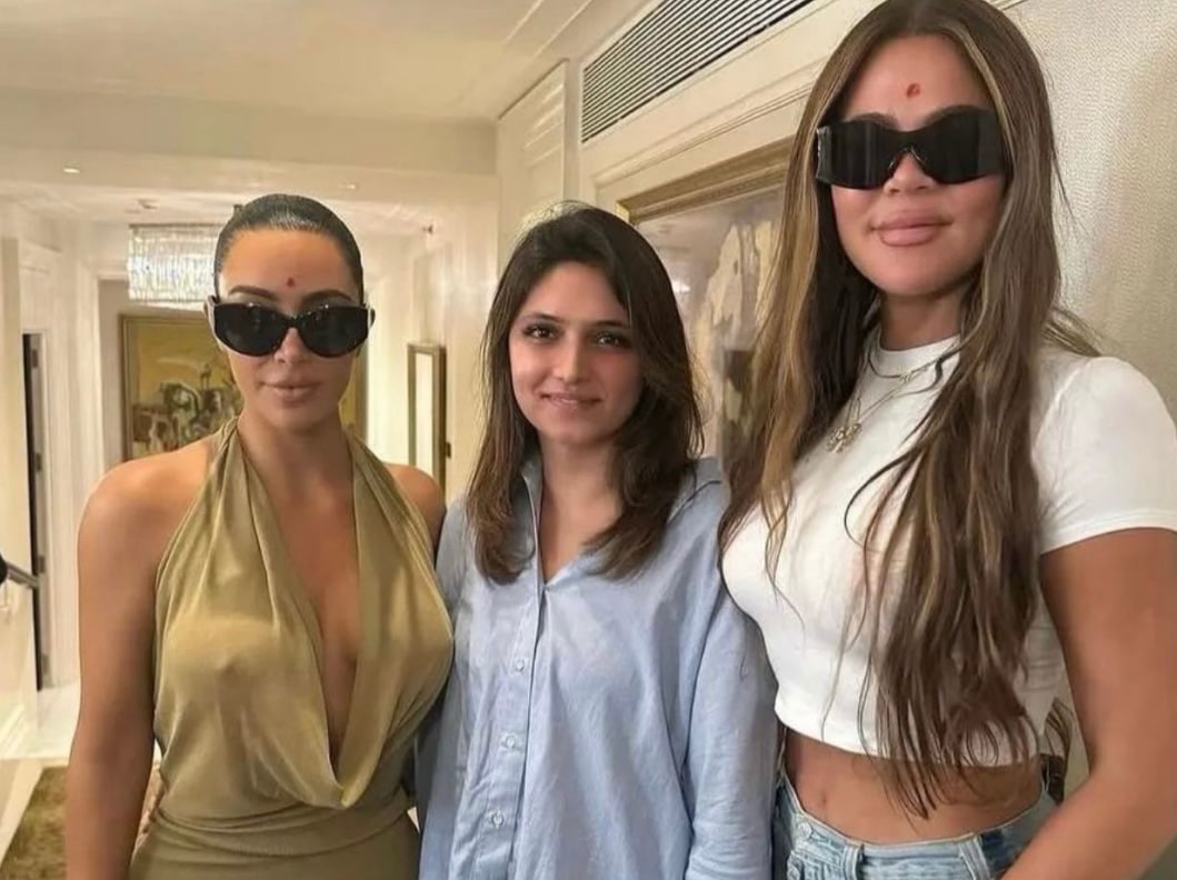 Kim Kardashian and Khloe Kardashian with a guest at their hotel in Mumbai. Kim Kardashian and Khloe Kardashian with a guest at their hotel in Mumbai.