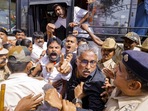 BJP leaders being detained during a protest against alleged fraudulent allotment of sites to land losers by Mysuru Urban Development Authority, which involves plots given to Karnataka Chief Minister Siddaramaiah's wife, in Mysuru. BJP leaders being detained during a protest against alleged fraudulent allotment of sites to land losers by Mysuru Urban Development Authority, which involves plots given to Karnataka Chief Minister Siddaramaiah's wife, in Mysuru.
