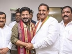 Telangana chief minister Revanth Reddy greets BRS MLA from Serilingampally Arekapudi Gandhi as the latter joins the Congress, in Hyderabad, on Saturday. (PTI) Telangana chief minister Revanth Reddy greets BRS MLA from Serilingampally Arekapudi Gandhi as the latter joins the Congress, in Hyderabad, on Saturday. (PTI)