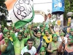 Trinamool Congress (TMC) supporters celebrate the victory of the party candidate for the Maniktala assembly constituency on Saturday. (ANI) Trinamool Congress (TMC) supporters celebrate the victory of the party candidate for the Maniktala assembly constituency on Saturday. (ANI)