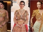 Janhvi Kapoor stole the show at Anant Ambani and Radhika Merchant's wedding last night as she arrived drenched in gold. The actor wore a custom Falguni Shane Peacock lehenga and aced the wedding guest look in the ensemble. The highlight of her outfit was the bralette made from real gold temple jewellery! If the look seemed familiar, it is because Isha Ambani and Gigi Hadid have worn the jewelled blouse look before. Read on to see. (Instagram)