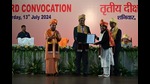 UP chief minister Yogi Adityanath, chief justice of India DY Chandrachud, and others at the third convocation ceremony of Ram Manohar Lohia National Law University in Lucknow on Saturday (Mushtaq Ali/HT) UP chief minister Yogi Adityanath, chief justice of India DY Chandrachud, and others at the third convocation ceremony of Ram Manohar Lohia National Law University in Lucknow on Saturday (Mushtaq Ali/HT)