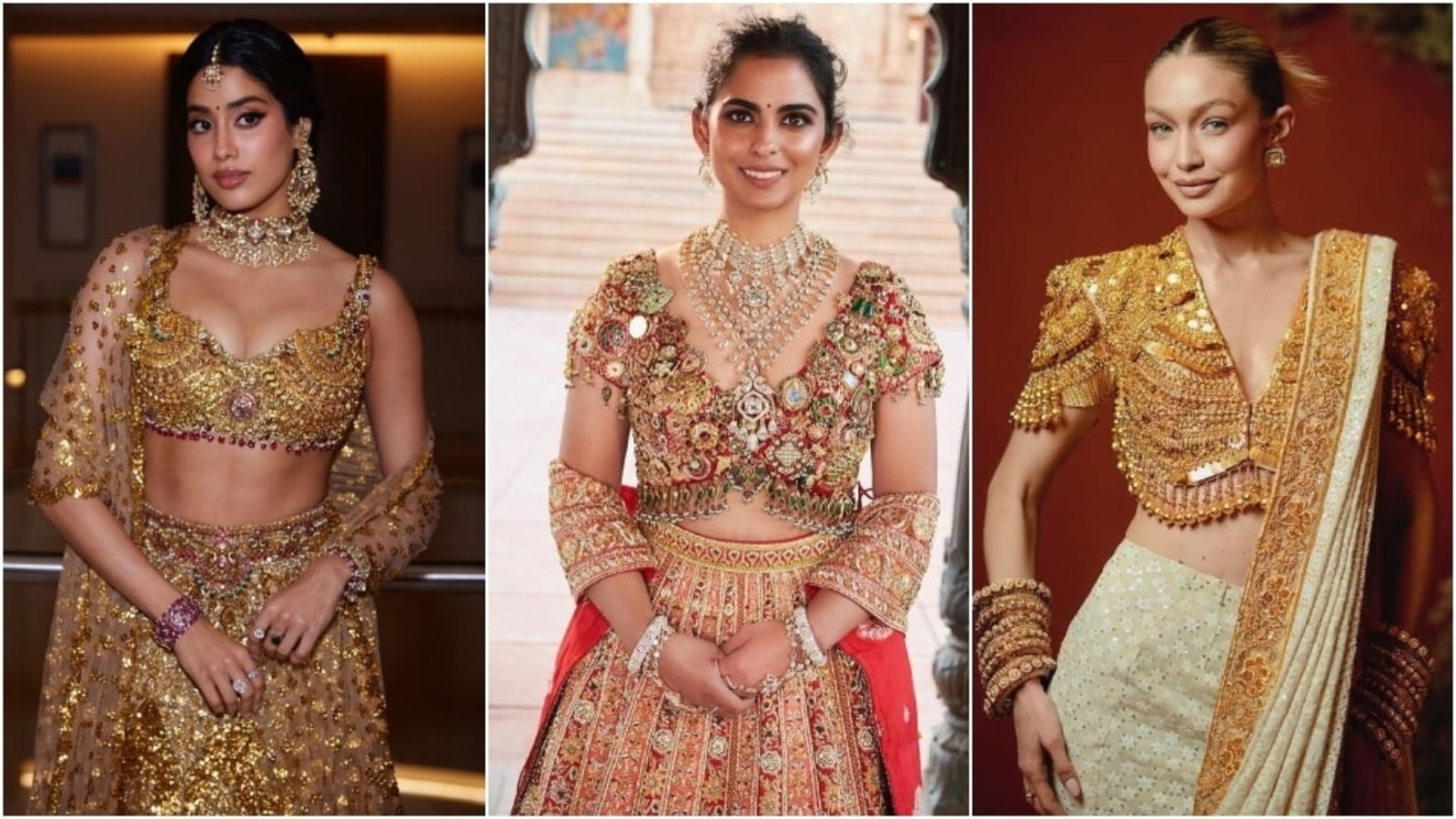 Janhvi Kapoor's real gold jewellery blouse at Ambani wedding looks familiar? Isha Ambani, Gigi Hadid wore the style too