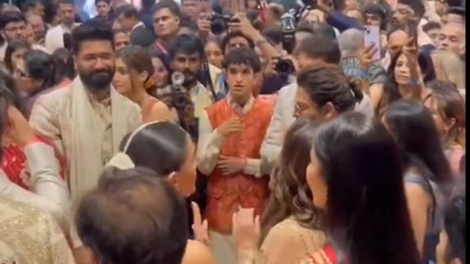 Katrina Kaif smiles as Vicky Kaushal, Ranbir Kapoor dance to Tauba Tauba at Ambani wedding. Watch