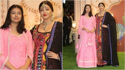 Aishwarya Rai wore a vibrant look for Day 2 at Ambani wedding while Aaradhya stuns in pink ethnic look. (HT photo/VarinderChawla) Aishwarya Rai wore a vibrant look for Day 2 at Ambani wedding while Aaradhya stuns in pink ethnic look. (HT photo/VarinderChawla)