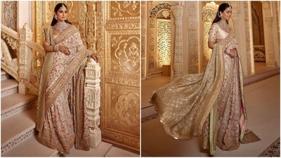 Isha Ambani turned heads in a stunning flower-filled saree paired with a traditional bandhani dupatta. (Instagram) Isha Ambani turned heads in a stunning flower-filled saree paired with a traditional bandhani dupatta. (Instagram)