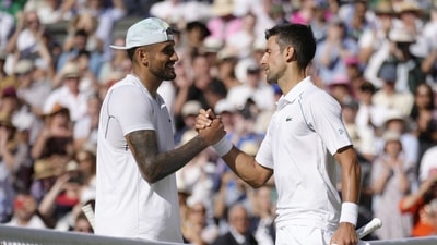 Serbia's Novak Djokovic, right, with Australia's Nick Kyrgios (AP) Serbia's Novak Djokovic, right, with Australia's Nick Kyrgios (AP)