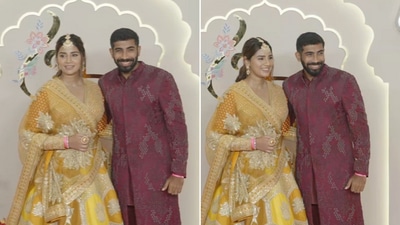 The image shows Jasprit Bumrah and Sanjana Ganesan attending the Ambani wedding on July 12. (Special arrangements) The image shows Jasprit Bumrah and Sanjana Ganesan attending the Ambani wedding on July 12. (Special arrangements)
