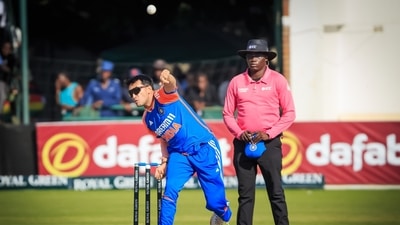 Abhishek Sharma provided India the first breakthrough and claimed his first international wicket - Tadiwanashe Marumani. (BCCI Image)