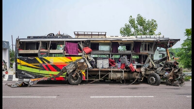 Mangled remains of a bus lies on a road after an accident, in Unnao district, Wednesday, July 10, 2024.r (PTI) Mangled remains of a bus lies on a road after an accident, in Unnao district, Wednesday, July 10, 2024.r (PTI)