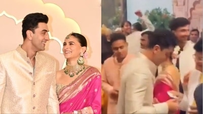 Ranbir Kapoor interacted with a person at the Ambani wedding. Ranbir Kapoor interacted with a person at the Ambani wedding.