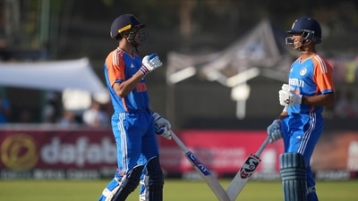 Indian batsman Yashasvi Jaiswal, left and Shubman Gill touch bats during the T20 cricket match between Zimbabwe and India at the Harare Sports club, in Harare, Saturday, July 13 (AP)