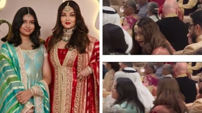 Abhishek Bachchan joined Aishwarya, Aardhya at Ambani wedding event. Abhishek Bachchan joined Aishwarya, Aardhya at Ambani wedding event.
