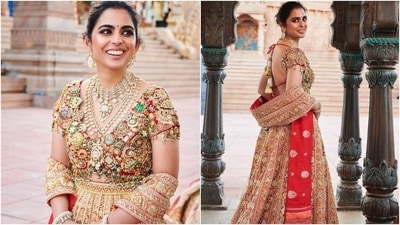 Isha Ambani wore a similar style for her brother Anant Ambani's pre-wedding festivities in Jamnagar. She chose a bejewelled blouse designed by Abu Jani Sandeep Khosla. The handcrafted choli features real Jadau jewellery, which belonged to her personal collection and new jewels sourced from Gujarat and Rajasthan. (Instagram) Isha Ambani wore a similar style for her brother Anant Ambani's pre-wedding festivities in Jamnagar. She chose a bejewelled blouse designed by Abu Jani Sandeep Khosla. The handcrafted choli features real Jadau jewellery, which belonged to her personal collection and new jewels sourced from Gujarat and Rajasthan. (Instagram)