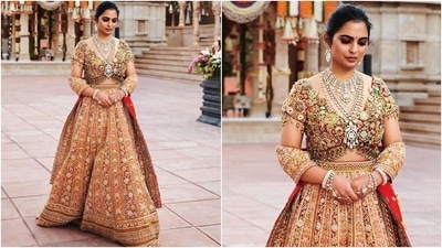 According to Abu Jani Sandeep Khosla, the precious ornaments were dismantled, reinvented into couture, and placed on hand-drawn paper patterns. Then, different stitches of gold and silver Zardozi work were infused to create the gorgeous backless blouse that Isha wore in Jamnagar. (Instagram) According to Abu Jani Sandeep Khosla, the precious ornaments were dismantled, reinvented into couture, and placed on hand-drawn paper patterns. Then, different stitches of gold and silver Zardozi work were infused to create the gorgeous backless blouse that Isha wore in Jamnagar. (Instagram)