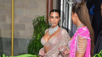 Kim Kardashian and Khloe ready for day 2 of Ambani wedding in lehengas and naths.