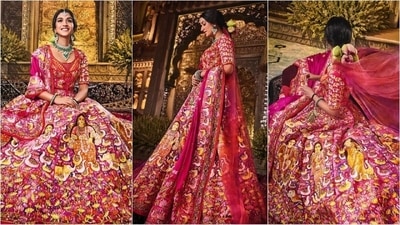 Radhika Ambani's bridal look is a showstopper in Abu Jani Sandeep Khosla lehenga. (Instagram) Radhika Ambani's bridal look is a showstopper in Abu Jani Sandeep Khosla lehenga. (Instagram)