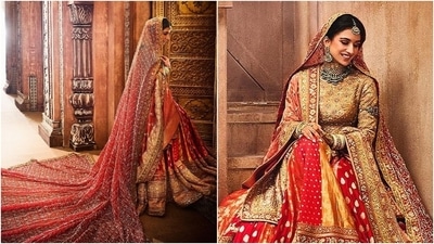 Radhika Merchant wears a custom red Manish Malhotra lehenga for her vidai ceremony. (Instagram ) Radhika Merchant wears a custom red Manish Malhotra lehenga for her vidai ceremony. (Instagram )
