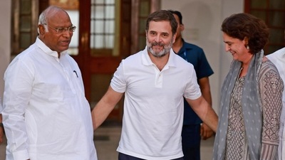 Congress president Mallikarjun Kharge with party leaders Rahul Gandhi and Priyanka Gandhi during a press conference, in New Delhi. (File) Congress president Mallikarjun Kharge with party leaders Rahul Gandhi and Priyanka Gandhi during a press conference, in New Delhi. (File)