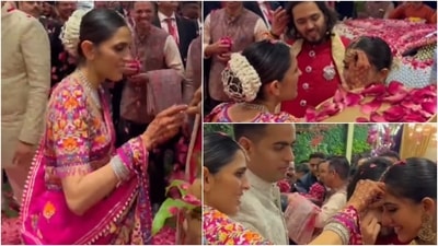 Shloka Mehta, in a gorgeous floral saree, does Anant Ambani and Radhika Merchant's tilak ceremony. (Instagram) Shloka Mehta, in a gorgeous floral saree, does Anant Ambani and Radhika Merchant's tilak ceremony. (Instagram)