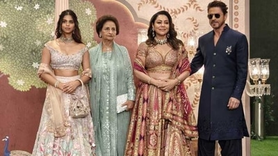 Shah Rukh Khan at Anant-Radhika's Shubh Aashirwad with Gauri Khan and Suhana Khan.